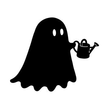 Black silhouette of a friendly ghost holding a watering can