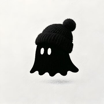 Cute black ghost wearing a knitted winter hat with a pompom