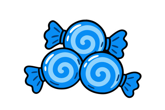 Blue wrapped spiral candy sweets pile, cute cartoon hard toffee confectionery sticker icon vector