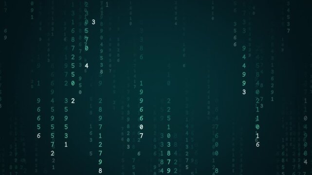 Teal and mint green digital rain of falling numbers and code streams, fresh data technology background, seamless loop