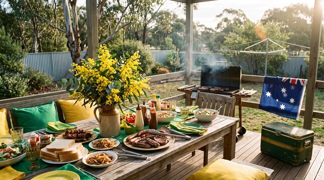 Outdoors Barbecue Table Setting with Wattle Flowers and Flag for Australia Day