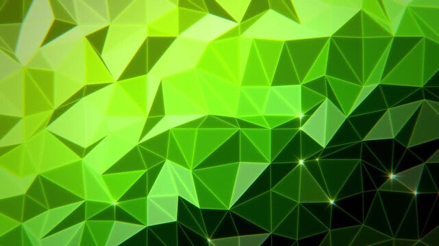 Acid lime green low poly triangle mesh with shifting light and sparkling vertices, futuristic geometric background, seamless loop