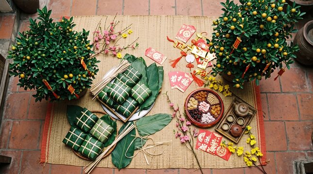 Traditional Vietnamese Tet Holiday Celebration Flat Lay Setup for Lunar New Year