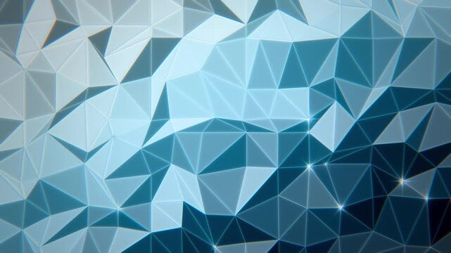Icy blue and white low poly triangle mesh with shifting light and sparkling vertices, cool geometric background, seamless loop