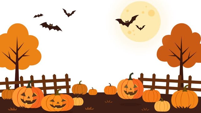 Halloween pumpkin patch with multiple orange pumpkins and carved jack o lanterns among trees, suitable for Halloween decorations and seasonal designs.
