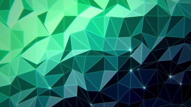 Teal and mint green low poly triangle mesh with shifting light and sparkling vertices, night geometric background, seamless loop