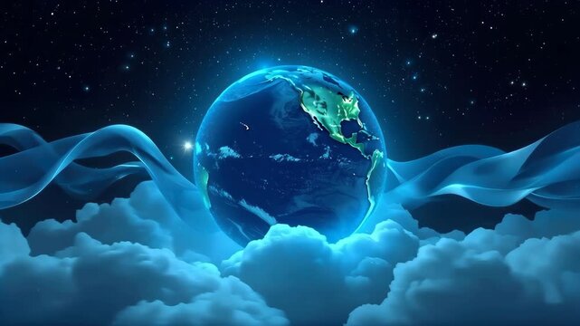 Digital Globe and Planet Earth Above Glowing Clouds, Blue Waves, and Starry Sky
