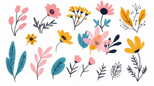 Botanical Illustrations: A vibrant collection of whimsical floral and leaf elements, rendered in a charming, flat illustration style. Delicate petals, budding flowers.