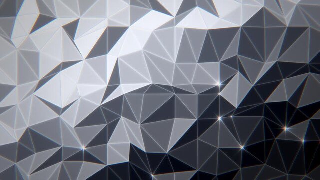 Silver and white monochrome low poly triangle mesh with shifting light and sparkling vertices, sleek geometric background, seamless loop