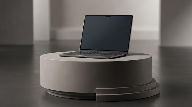 Modern laptop on a minimalist cylindrical pedestal