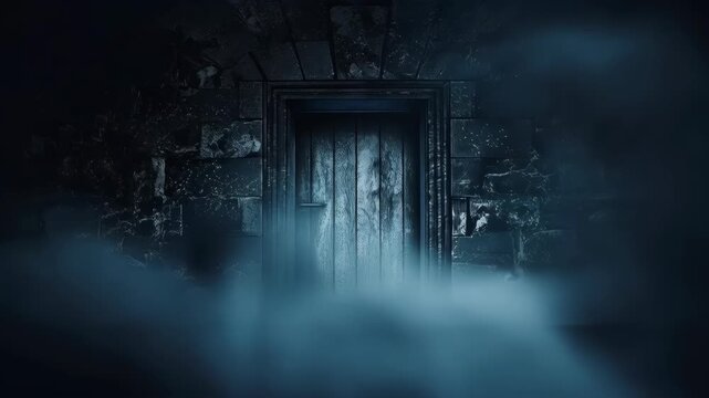 Weathered Wooden Door in Dark Stone Wall, Eerie Blue Fog and Ancient Mystery
