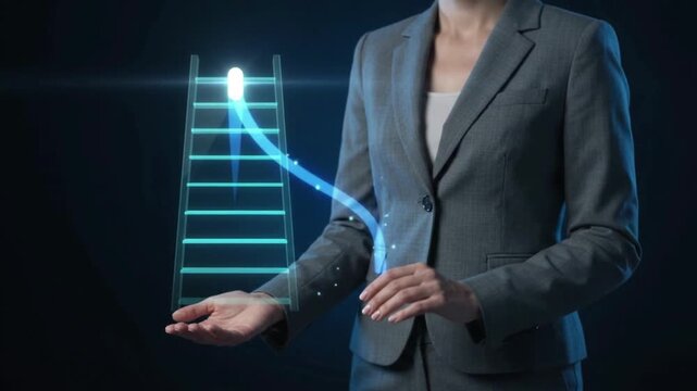 Businesswoman presenting dynamic augmented reality projection, illustrating a rising career ladder and path to professional success, symbolizing ambition and achievement