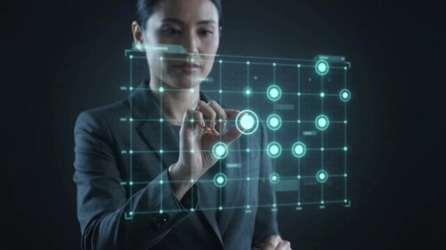Professional woman interacts with advanced virtual interface, meticulously navigating data, fostering technological innovation for global business