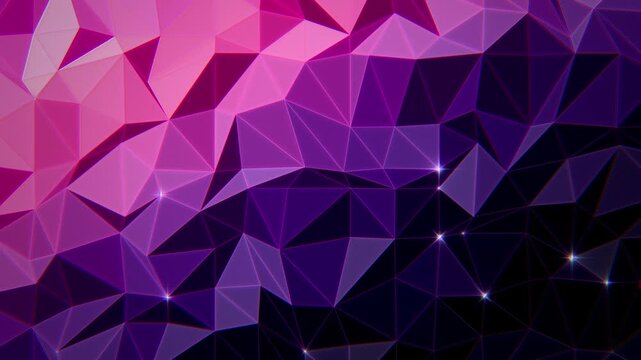 Magenta, pink and purple low poly triangle mesh with shifting light and sparkling vertices, cosmic geometric background, seamless loop
