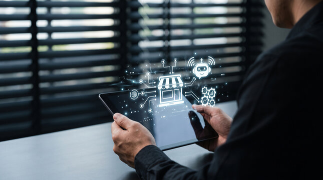 Close up of faceless man holding tablet with glowing holographic AI chatbot and e-commerce storefront icons