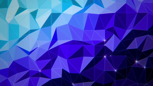 Electric blue and violet low poly triangle mesh with shifting light and sparkling vertices, vibrant geometric background, seamless loop