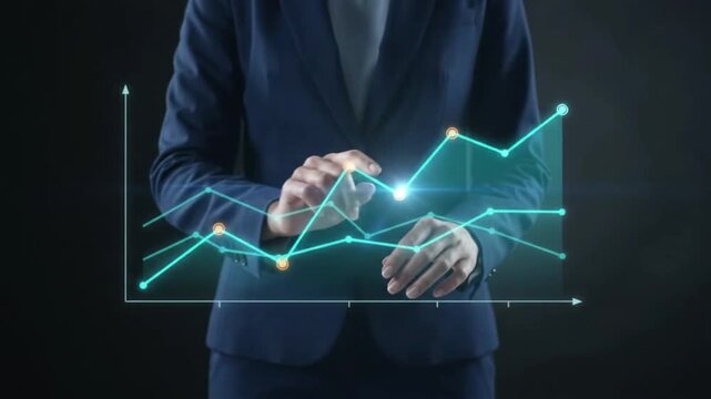 Focused business executive interacts with an illuminated digital financial data graph, illustrating market analysis, strategic planning, and technological innovation for growth