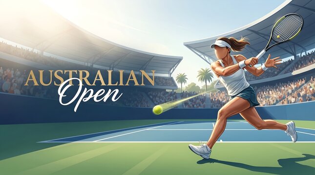 Professional Female Tennis Player Hitting a Powerful Forehand Shot in a Packed Australian Open Stadium