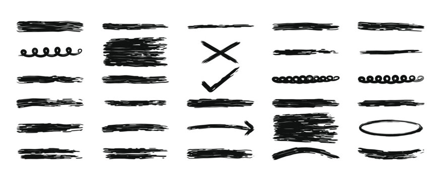 A versatile collection of hand-drawn black ink brush strokes, pencil lines, and doodle shapes isolated on a white background.