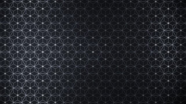 Elegant Japanese Asanoha hemp leaf pattern, gold geometric lattice of fine lines with a soft glow travelling through the six pointed star grid, traditional wagara motion in deep charcoal tones