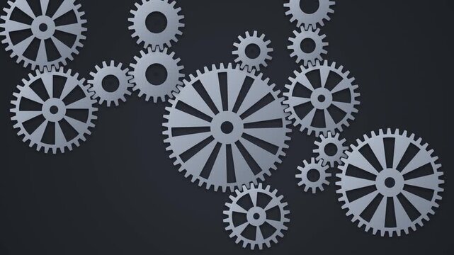 Metal gears meshing and turning in opposite directions, mechanism teamwork and engineering concept background, seamless loop