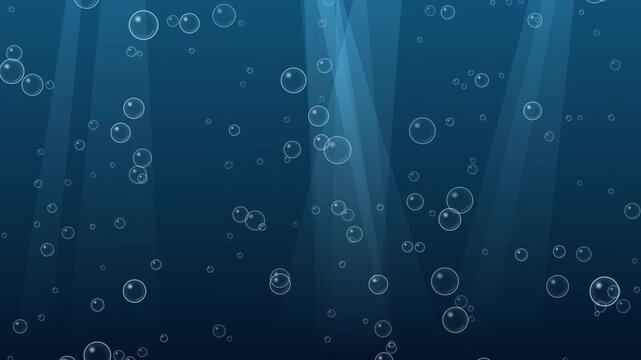Clear air bubbles rising and swaying through deep blue ocean water with light rays from above, refreshing underwater background, seamless loop