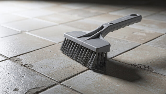 A grey plastic scrubbing brush lies on a tiled floor during cleaning work