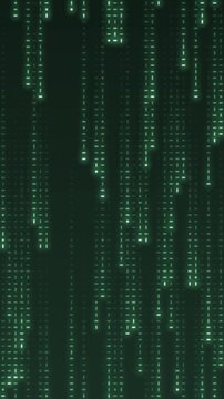 Falling digital code rain glowing streaks seamless loop in calm green tones vertical 9:16