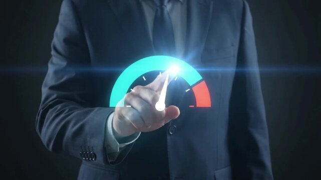 A business professional boosts digital performance, symbolizing rapid progress, efficiency optimization, and achieving peak operational success