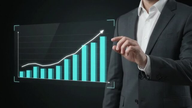 Businessman interacting with a glowing digital growth chart, symbolizing business progress, financial strategy, market expansion, and future success with virtual analytics