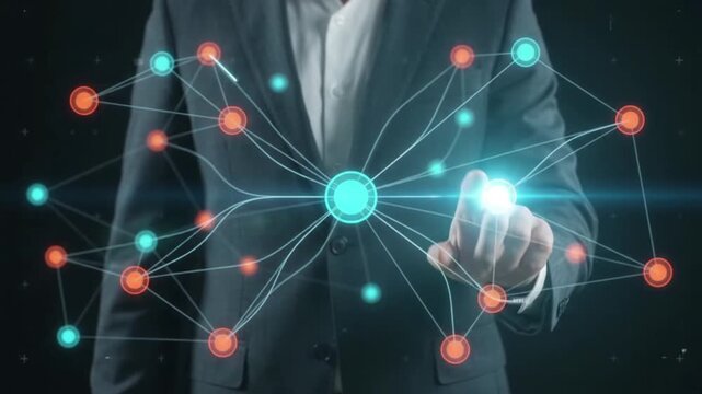Professional interacts glowing digital network interface, symbolizing global data connectivity, strategic business solutions, innovative technological progress