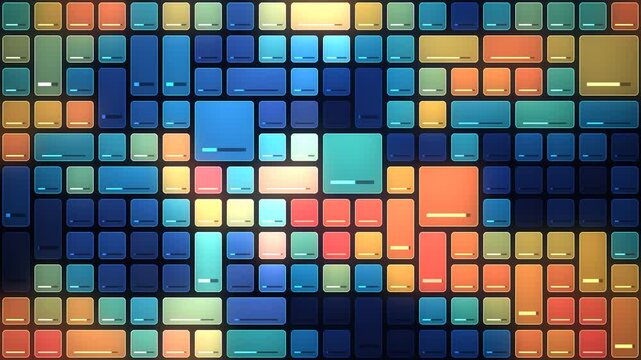 Risk heatmap dashboard grid of data tiles updating from cool blue to hot red, seamless loop in soft navy tones