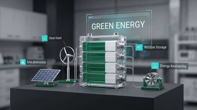 Futuristic crystal battery stack with renewable energy technology