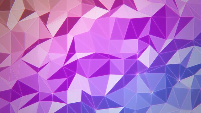 Pastel purple, pink and lavender low poly triangle mesh with shifting light and sparkling vertices, soft geometric background, seamless loop