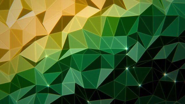Green and gold low poly triangle mesh with shifting light and sparkling vertices, classic geometric background, seamless loop