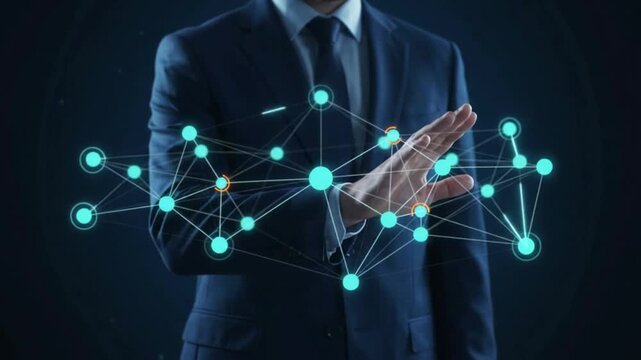 A professional interacts with a glowing digital network, symbolizing advanced data connectivity, strategic technology, and future business innovation