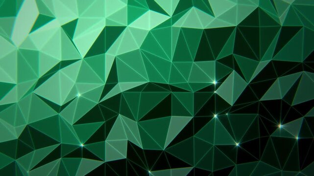 Deep emerald green low poly triangle mesh with shifting light and sparkling vertices, rich geometric background, seamless loop