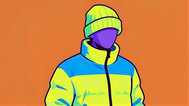 Vibrant cartoon figure in yellow jacket and beanie against orange background.