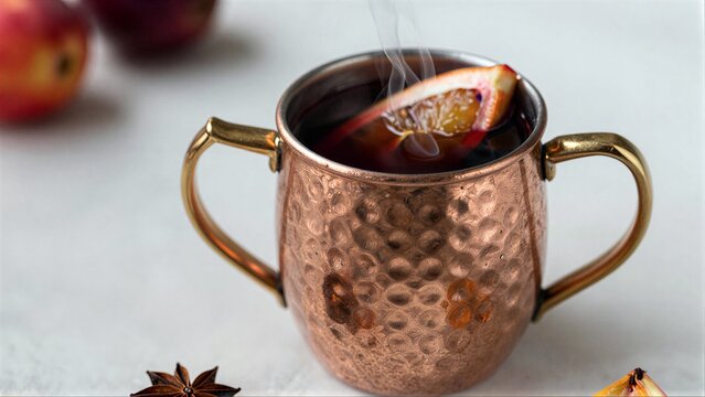 Warm orange slice steams in a hammered copper mug, cozy and inviting.