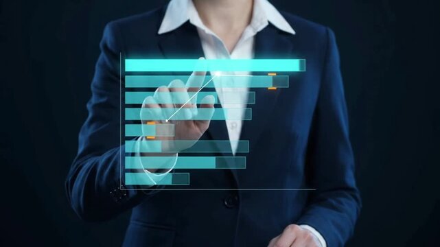 Focused business professional interacting with a dynamic virtual bar graph, analyzing critical metrics for strategic planning, market insights, and data-driven success