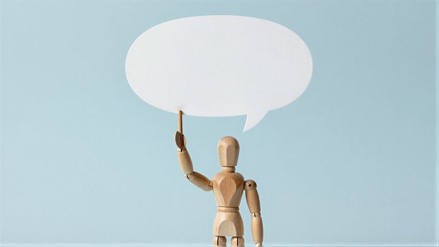 Wooden figure holds blank speech bubble, symbolizing communication or ideas.