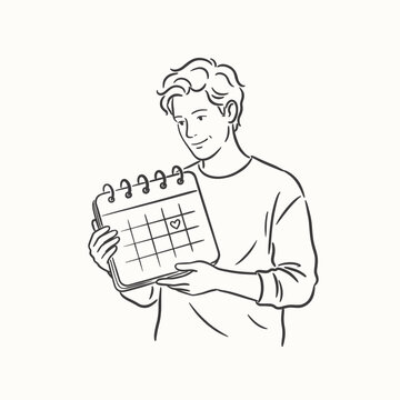 Young man holding a calendar and smiling in a minimalist setting  