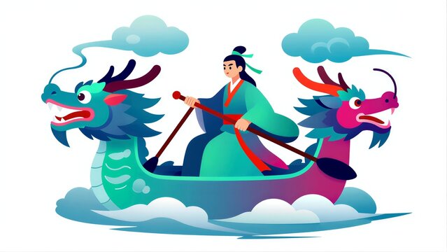 Colorful dragon boat race with vibrant paddler and stylized water splashes.