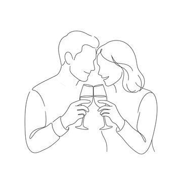 Line drawing of couple clinking glasses in a romantic setting  