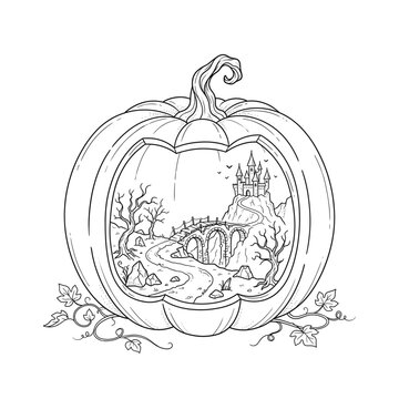 Pumpkin with haunted bridge and castle illustration in monochrome  