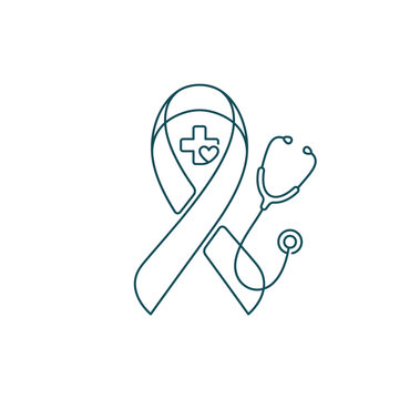 Healthcare ribbon icon with stethoscope in simple line art  