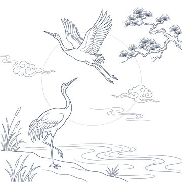 Two cranes in traditional line art flying over a serene landscape  