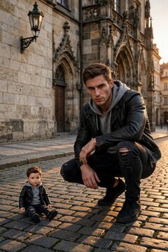 Young father and toddler son wearing matching leather jackets on a