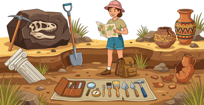 Archaeologist exploring ancient dig site vector. Fossil, tools, maps, pottery, artifacts, brushes, shovel.
