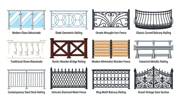 Balcony railing and fence vector icon set. Glass, wood, wrought iron, stone, metal, structures.